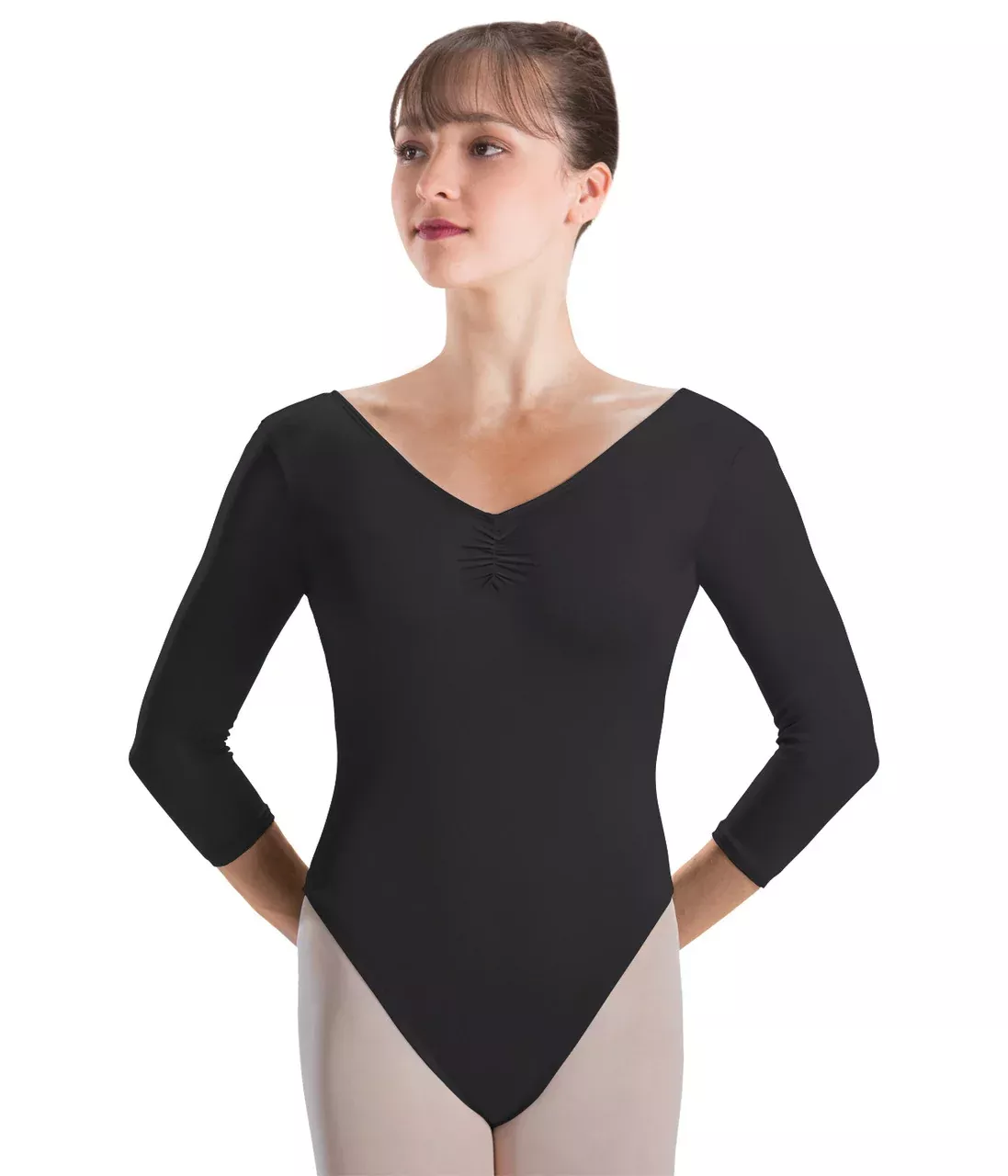 3-4-pinch-front-v-back-high-cut-leotard 3/4 Pinch Front V-Back High Cut Leotard