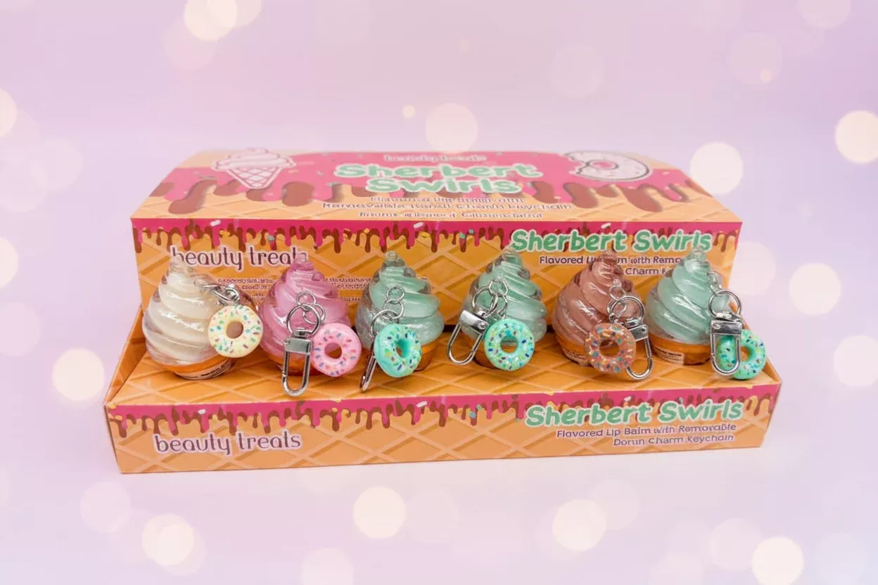 BEAUTY TREATS - SHERBERT SWIRLS - LIP BALM WITH REMOVABLE DONUT CHARM KEYCHAIN (24PCS)
