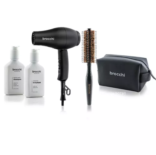 BROCCHI - Boar Hair Styling Round Brush, Mini Travel Size Hair Dryer,Shampoo, Face Wash and Waterproof Travel Bag Set