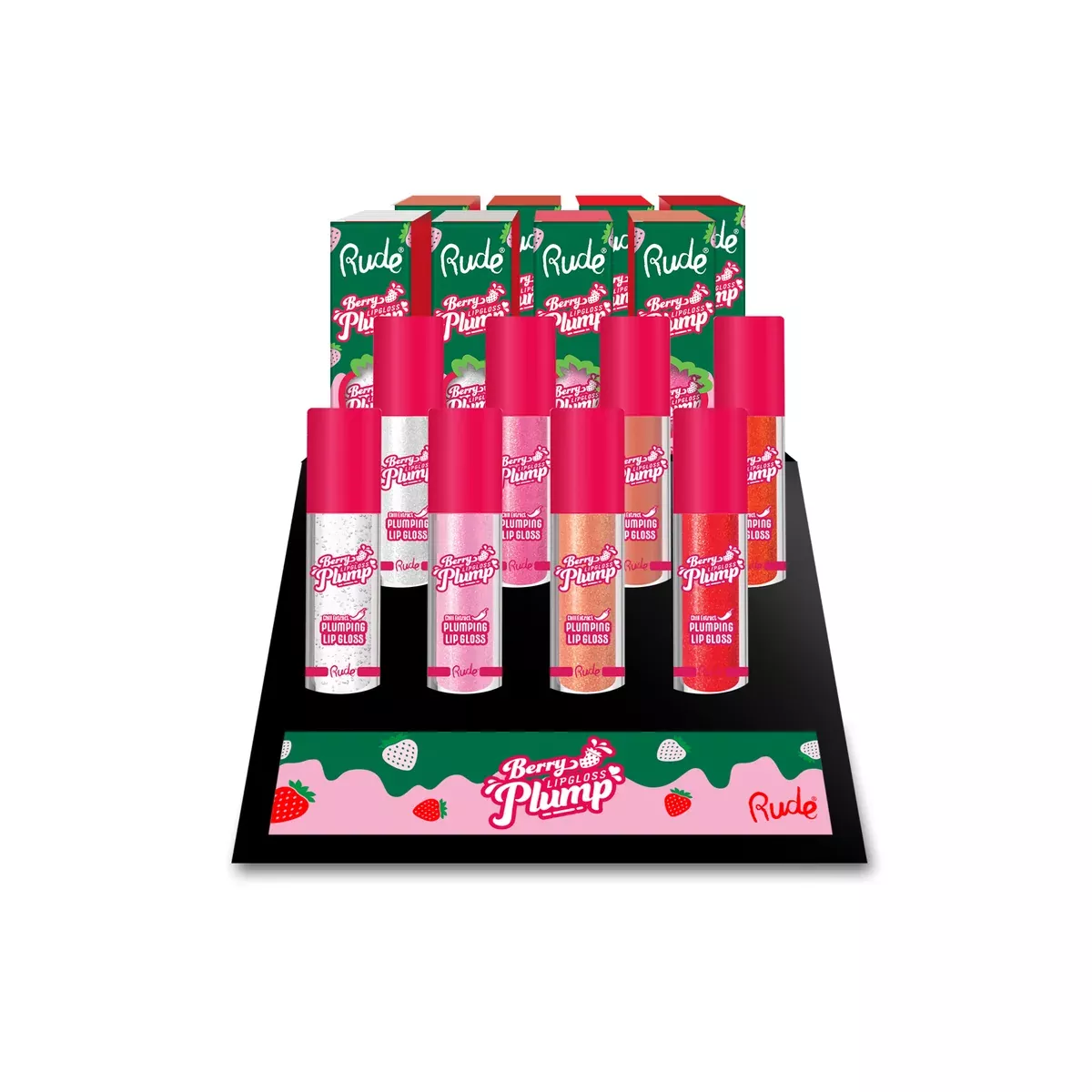 RUDE Berry Plump Plumping Lip Gloss Display Set, 64 pcs